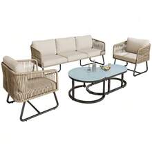 Garden Lounge Set With Galvanized Iron Frame, Rope Garden Furniture Set, Adjustable Feet, Smooth Glass Tabletop, Set Of 5, Including All Seat And Back Cushions, Beige - Beige - View 3