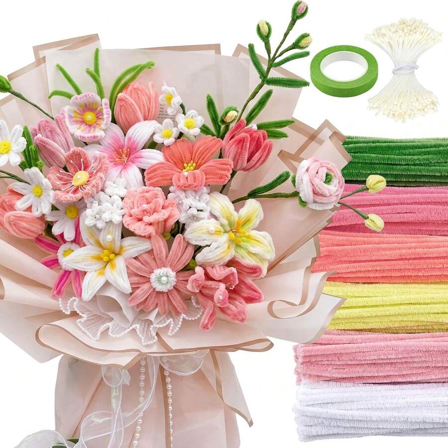 451/751件裝花藝管清潔劑大包裝，6色毛氈花莖花藝套組含1捲園藝膠帶，150件雄蕊手工藝材料