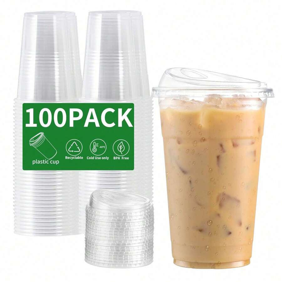 100 Set Clear Plastic Cups, 12/16/20/24 OZ Disposable Iced Coffee Cups , Smoothie Cups, PET Crystal Party Cups, Cold Beverages Drinking Cups For Thanksgiving, Halloween, Christmas - trong suốt - Xem 1
