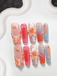 10片溫柔海洋風手工穿戴甲，Polygel美甲套組，手工雕塑3D花朵、貝殼、水滴造型，橘色與藍色指甲油，溫柔風格，附美甲工具，3種尺寸可選，杏仁形、鴨嘴形、棺材形，適合派對、舞蹈、日常穿戴 - 彩色 - 查看 4