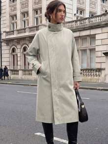 Zip Up Button Front Trench Coat - Beige - View 3