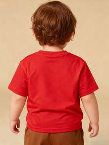 Disney White Background Mickey Mouse THE BIRTHDAY BOY Star Print Baby Short Sleeve T-Shirt - Birthday-Themed Playful Casual Top - Đỏ - Xem 2