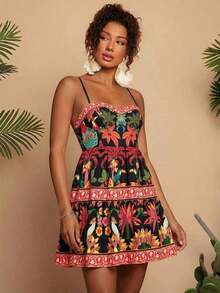 Vestido corto de verano con tirantes de espagueti y estampado de gasa para mujeres - Multicolor 3 - Ver 5
