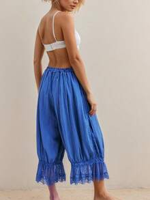 Women Y2K Half Slip Under Dress Pettipants Mid Rise Lace Patchwork Bloomers Trousers Ruffle Pantaloons Cropped Flared Pants Cute Pumpkin Long Pants - Azul - Ver 2