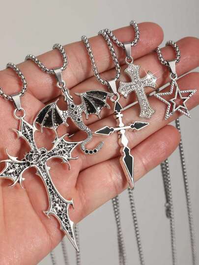 Set de 5 collares con colgantes vintage de cruz gótica, alas de dragón, estrella y corazón para hombres y mujeres
