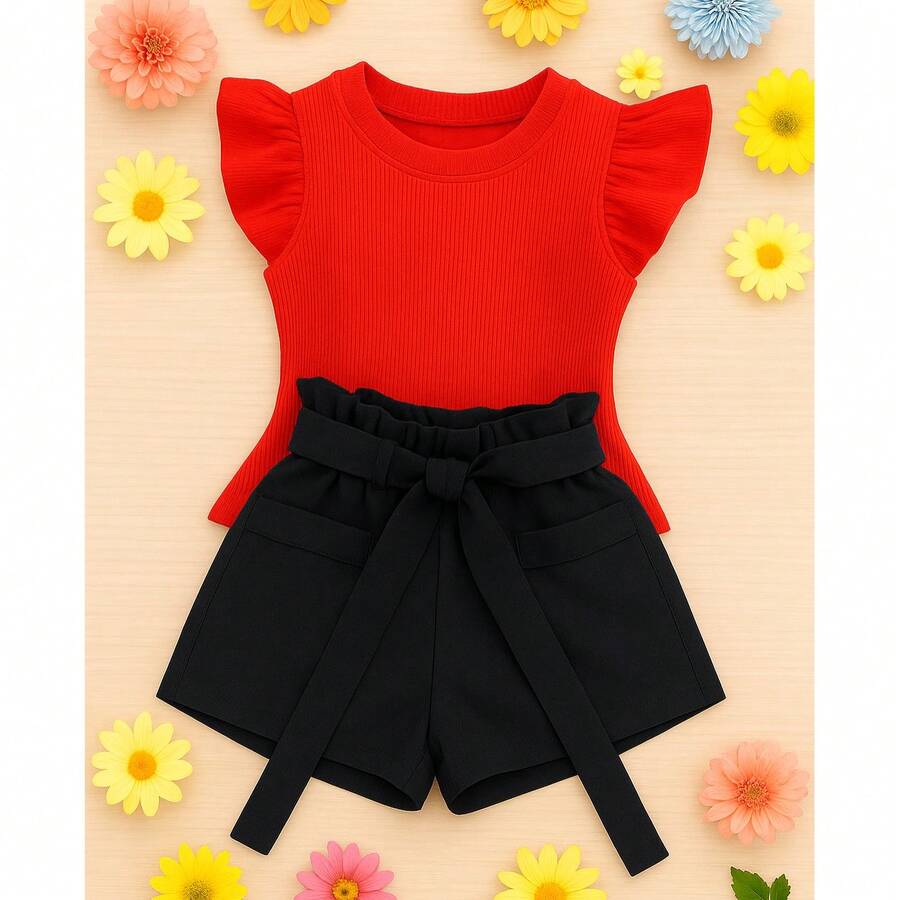 Children's And Teen Set: Cropped Blouse With Ruffles And Ribbed Detail + Linen Clochard Shorts. 2-Piece Set For Girls And Teenagers CJI033 - 黑紅 - 查看 1