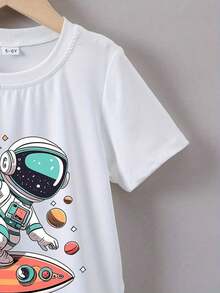 Boys' T-Shirt With Rocket And Astronaut Print, Short Sleeves, And Casual Fit. Ideal For Everyday Wear In The Summer. 100% Cotton - 白色 - 查看 5