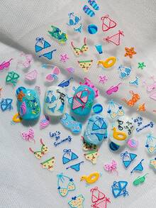 6D Embossed Summer Nail Art Stickers, Includes Colorful Bikini, Swimming Ring, Starfish, Swimsuit And "It's Swimming/It's Summer" Cute English Slogan, Fresh And Vibrant Colors, Suitable For Beach Vacation, Summer Party, Casual Outfit, Nail DIY, Suitable For Sweet Girls, Students, Moms, Nail DIY Beginners, Summer Lovers - Multicolor - View 3