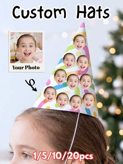 1/5/10/20Pcs Premium Luxury Custom Funny Face Party Cone Hats, Thick Sturdy High-Grade Matte Cardstock, Vivid HD Fade-Resistant Personalized Photo Printed Birthday Headwear, Reusable Lightweight Kids & Adults Party Head Accessories, Perfect For Birthday Parties, Baby Showers, Graduation Season, Holiday Celebrations, Christmas, New Year, Mother's Day, Family Gathering Photo Booth Favor Supplies