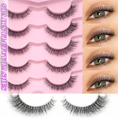 ENCHUW 5 Pairs Eyelashes Natural Look Wispy Eye Lashes Clear Band Lashes 3D Fluffy Soft Fake EyeLashes Makeup Extension False Eyelashes