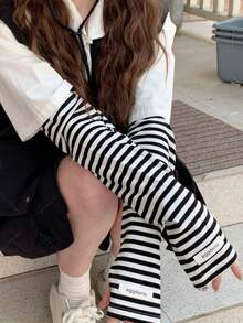 1 双条纹袖套；夏季条纹冰丝防晒袖套（女士）；轻薄宽松条纹防晒袖套；夏季防紫外线袖套；骑行冰丝袖套 - 布標條紋 - 查看 5