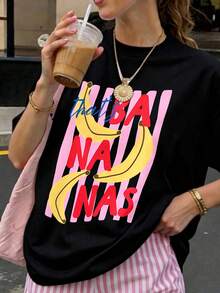 Plus Size Short Sleeve Round Neck T-Shirt, Funny Banana Pattern Print, High Elasticity Comfortable Fit, Summer Wear Casual - Black - View 3