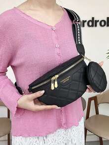 Rhombus Pattern Crossbody Chest Bag, Fashionable Waist Bag For Women, Stylish Niche Chic Design - Black - View 4