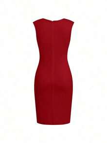 Vestido corto ajustado sin mangas con flores 3D de unicolor elegante para mujer - Rojo - Ver 5