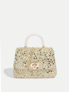 1 Peça Bolsa Elegante de Lantejoulas da Moda para Meninas, Bolsa de Ombro Transversal de Luxo Acolchoada, Bolsa Tote com Decoração de Pérola, Bolsa Série Pérola, Bolsa com Corrente, Bolsa Combinando Mãe e Filha, Carteira, Bolsa de Ombro com Alça Ajustável, Bolsa de Festa Dourada/Prateada, Adequada para Uso Diário, Festa, Viagem, Presente Ideal - 2184 lantejoulas - Visão 15