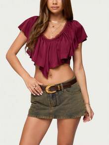 Blusa corta con volantes para mujer, moderna, de color liso, con ribete de encaje y lazo en la espalda, con cuello en V - Rojo - Ver 1