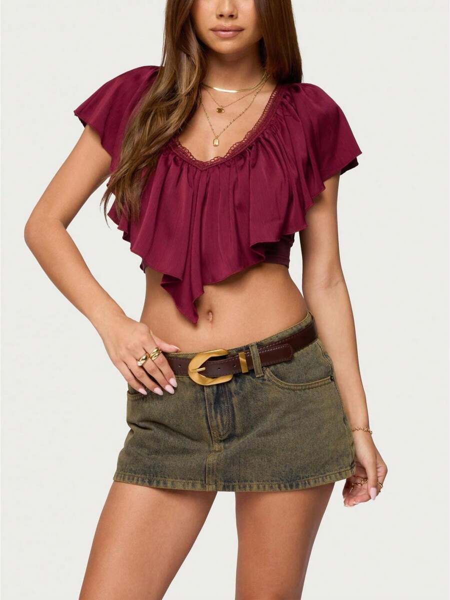 Blusa corta con volantes para mujer, moderna, de color liso, con ribete de encaje y lazo en la espalda, con cuello en V - Rojo - Ver 1