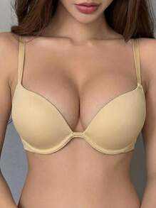 DAZY This Popular Beige Deep V Push-Up Bra Features A 2-Cup Lift Effect, Removable Design And Adjustable Underbust. Made Of Smooth Fabric For All-Day Comfort. Invisible Fit And Shaping, Perfect For Daily Wear, Formal Occasions And Versatile Styling. An Ideal Choice For Those Seeking Reliable And Figure-Enhancing Lingerie! - Beige - View 4