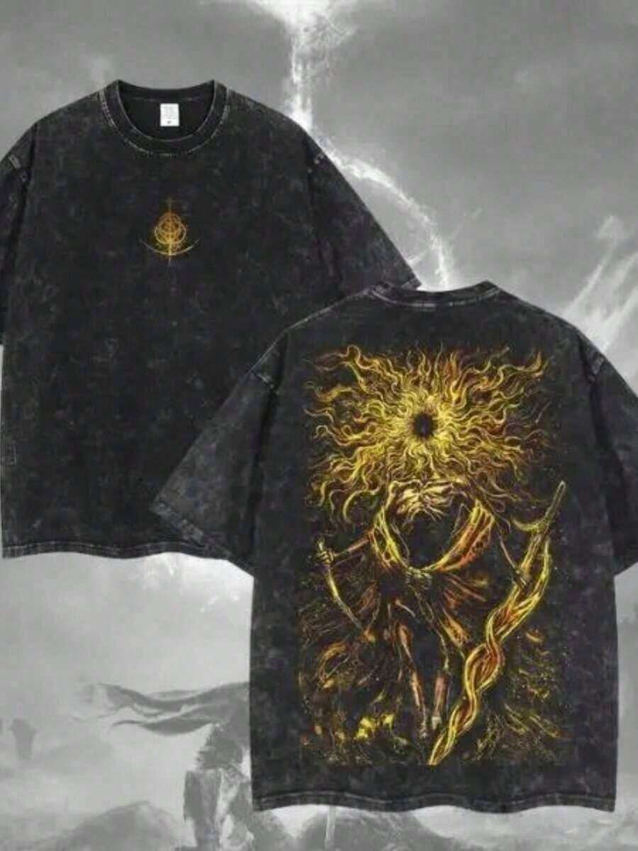 Summer Tops100 Percent Cotton Washed Cotton T-Shirt - "Elden Ring" "Mad Flame " Mikella Washed Cotton Loose T-Shirt - Perfect Gift For Game Fans And Enthusiasts, Fit, Local WarehouseLoose And ComfortableSummer Clothes - 黑色 - 查看 1