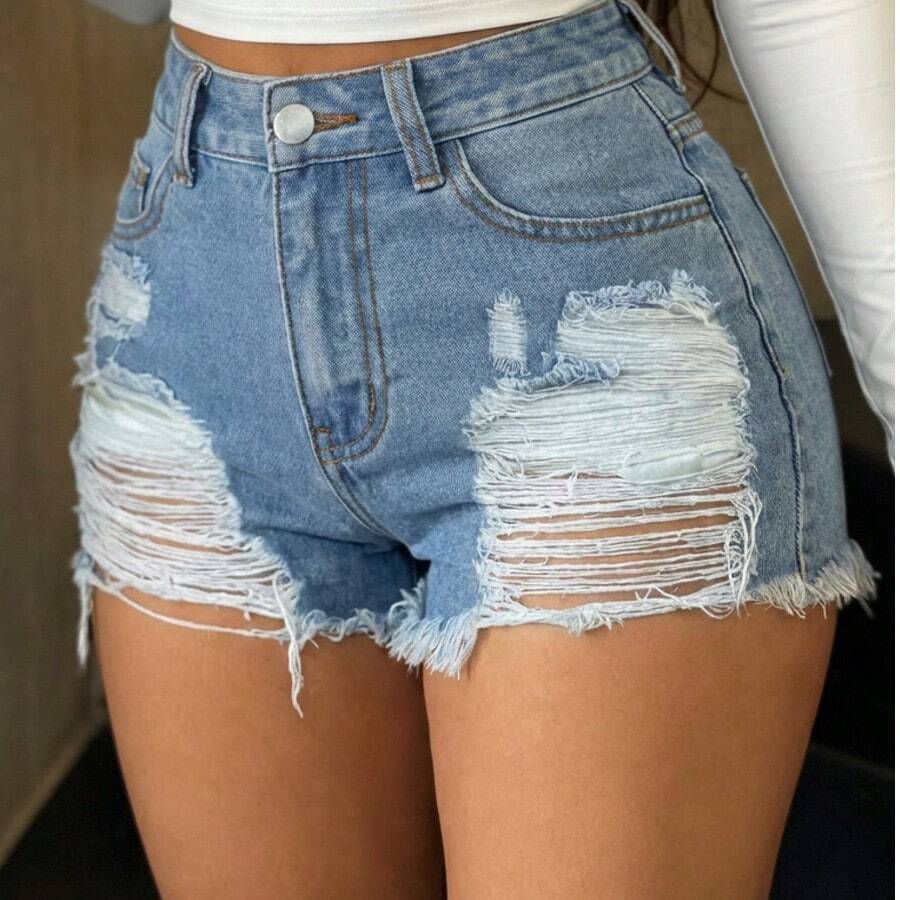 High Waist Distressed Denim Shorts, Street Style, Large Ripped Design, Essential Summer Outfit For Fashionable Women Casual - Blue - View 1