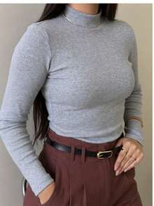 Thermal Base Layer Blouse, Ribbed, High Neck, Winter - Grey - View 2