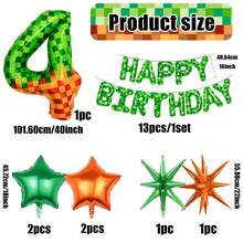 40-Inch Green Pixel Miner Digital Aluminum Foil Decorative Balloon, 0-9 Digital Balloons And Star-Shaped Balloon Set, Pixel Birthday Letter Aluminum Foil Balloons, Orange/Green Pentagram Balloons, Green/Orange Explosion Star Aluminum Foil Balloons, Suitable For Birthday Party Balloon Decorations, Indoor/Outdoor Decorations, Room Decorations, Game Theme Party Decorations. - New-pixel Birthday - View 21