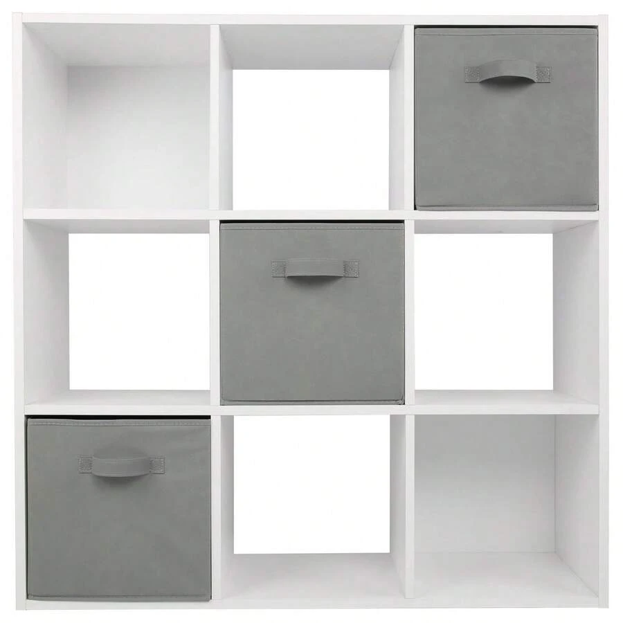 Grey 9 Cube Storage Shelving Unit With 9 Fabric Drawers For Home Organisation - White + 3 Grey Drawers - View 1