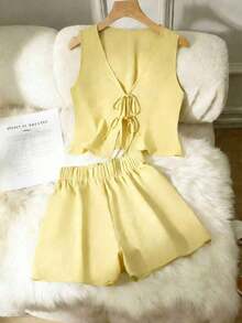 Conjunto minimalista casual en verde: chaleco con lazada y shorts holgados, estilo fresco y versátil para diario - amarillo ganso - Ver 12