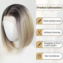 Ombre Gold Highlight Short Wavy Wig, Dark Roots, 13x4 Lace Front, Suitable For Daily Use, 150% Density, Realistic Natural High-Temperature Fiber - Brown - View 4
