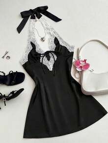 Vestido mini ajustado de línea A con escote en V profundo, sin mangas y espalda descubierta, de moda y casual, apto para primavera temprana, otoño e invierno. Adecuado para vacaciones, Día de San Valentín y citas - Negro - Ver 4