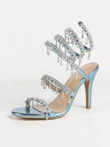 Women's Stiletto Heeled Sandals, Fashion Minimalist Strap With Rhinestone Snake Wrap Round Toe, Basic Style For Summer & Autumn - Blue - View 15