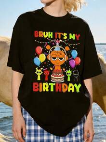 Camiseta de manga corta con cuello redondo suave y casual para mujer, estampado gráfico divertido de dibujos animados para cumpleaños, adecuada para fiestas. Negra. - Negro - Ver 1