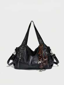 This Fashionable Multi-Functional Solid Color Large Capacity Vintage PU Leather Shoulder Bag/Handbag, Decorated With A Pendant, Adopts A Zipper Design, Very Suitable For Shopping, Travel, Commuting And Various Occasions. - Black - View 2