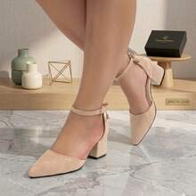 Wide Fit High Heel Shoes, Bow Tie Lace-Up Hollow Out Chunky Heel Apricot Pointed Toe Velvet High Heels, Wide Fit Sandals - Apricot - View 7