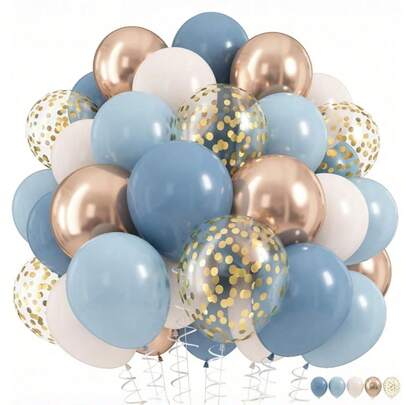 Bộ 51/26 bóng bay màu xanh nhạt, xám nhạt, xanh phấn, xanh nhạt pastel, trắng cát với kim tuyến kim loại, vàng sâm panh, thích hợp trang trí tiệc sinh nhật bé trai, tiệc cưới.