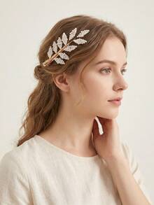 1 chiếc kẹp tóc hình lá trang trí ngọc trai giả, phụ kiện tóc dệt bằng dây vàng phong cách Boho, kẹp mỏ vịt thanh lịch kiểu cổ tích dành cho phù dâu đám cưới, kẹp tóc cành ngọc trai sang trọng cho nữ, kẹp tóc dây kim loại tối giản, dụng cụ tạo kiểu tóc phong cách lãng mạn Pháp. - Vàng - Xem 4