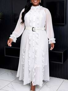AOMEI Plus Size Women Elegant White Chiffon Two Pieces Set Mock Neck Long Sleeve Ruffles Button Maxi Dress With Belted Button Front For Wedding Guest Formal Occasions - White - View 6
