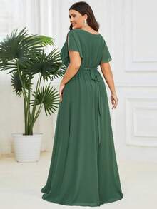 EVERPRETTY Elegant V-Neck Ruffle Sleeve Olive Green Bridesmaid Formal Dress, Suitable For Wedding Guests, Brides' Mothers, Vacation Party - Green - View 2