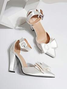 Chaussures à talons compensés mode polyvalentes avec boucle en satin de couleur abricot, bout pointu, 3 couches, ajouré, bande élastique réglable - Nude - Voir 1