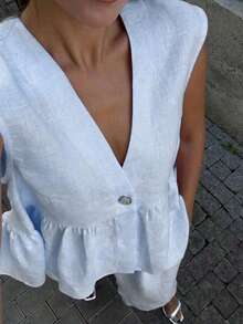 Summer New Women's Set, Light Pink V-Neck Sleeveless Set With Ruffle Design, Sweet & Elegant Lightweight 2 Pieces Outfit - Baby Blue - View 4
