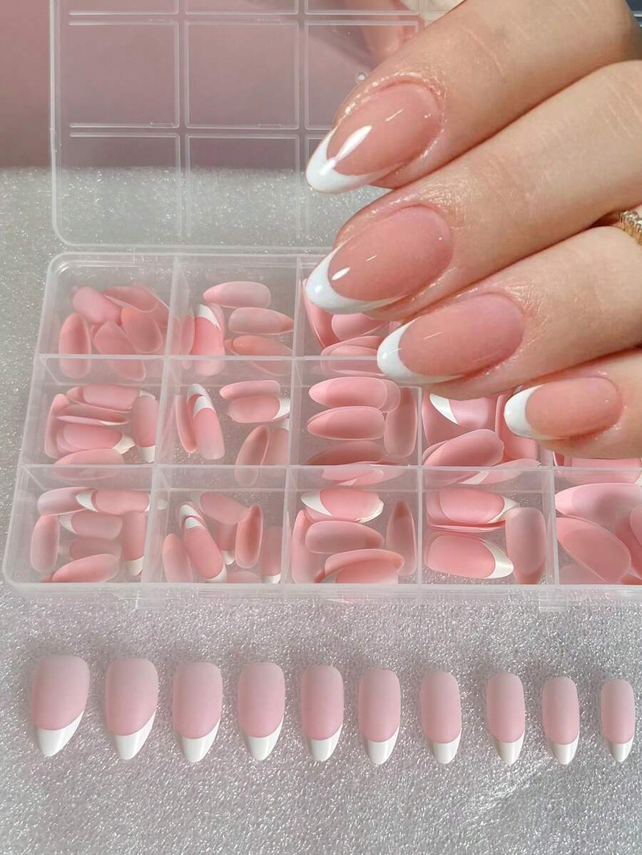 150片粉色法式美甲贴纸，中长圆形软胶法式美甲贴纸，DIY美甲用品，女士礼物 - 彩色 - 查看 1