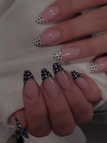 Add A Touch Of Romance With 24PCS Almond Press-On Nails, Vintage Elegant Black And White French Polka Dot Manicure, Classic Simple Style, Black And White French Polka Dot Full Cover False Nail Set, Suitable For Women And Girls. The Set Includes 1 Adhesive Tab And 1 Mini Nail File, Jelly Gel, Random Delivery. - Black and White - View 1