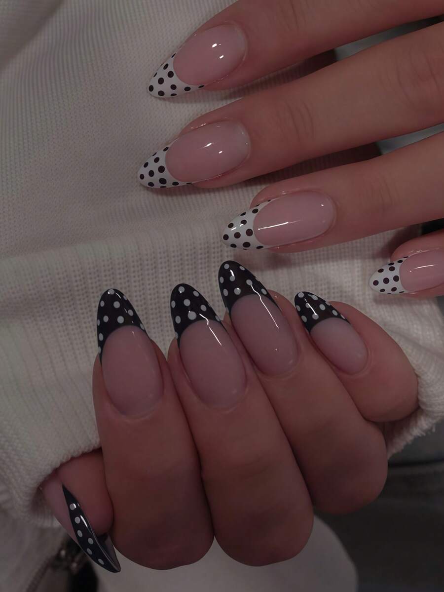 Add A Touch Of Romance With 24PCS Almond Press-On Nails, Vintage Elegant Black And White French Polka Dot Manicure, Classic Simple Style, Black And White French Polka Dot Full Cover False Nail Set, Suitable For Women And Girls. The Set Includes 1 Adhesive Tab And 1 Mini Nail File, Jelly Gel, Random Delivery. - Black and White - View 1