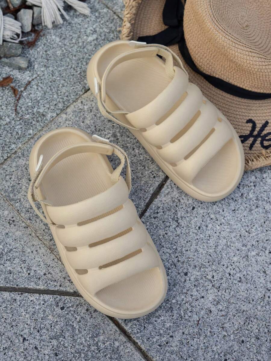 Women's Fashion Casual Comfortable Thick-Soled Slippers, Adjustable Heel Strap, Solid Color Minimalist Versatile Indoor Outdoor Sandals