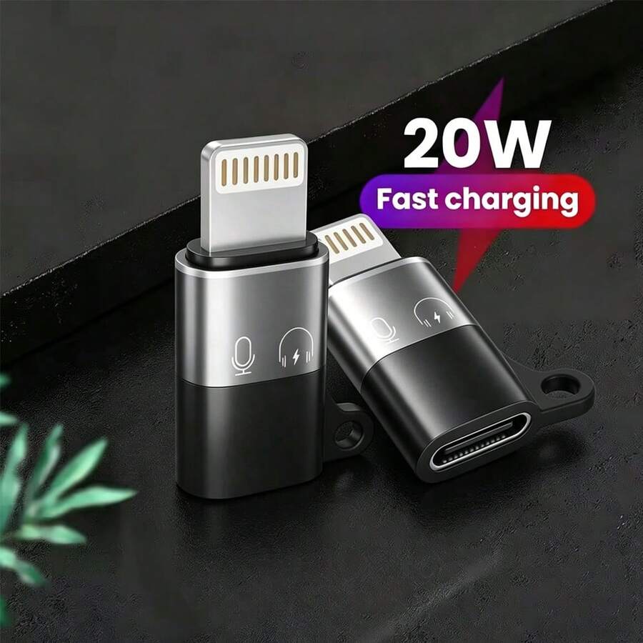 1-2个Lightning公头转USB-C母头耳机适配器，Type-C辅助音频适配器连接器，兼容 14/13/12/11/8/7/Plus/Pro Max/6/5系列 - 黑色 - 查看 1