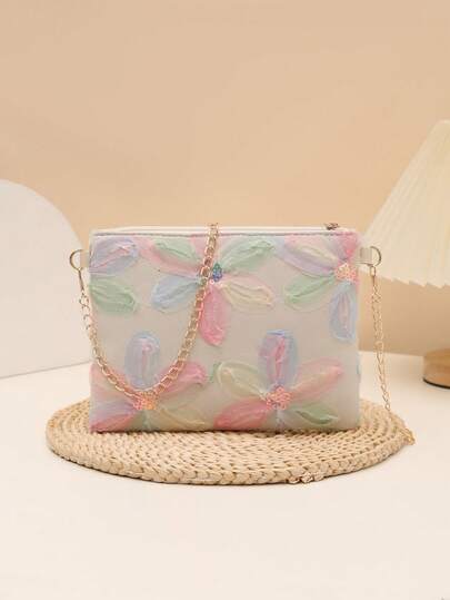 Women's Fashion Sequins Flower Decor Phone Bag With Chain Strap Crossbody Shoulder Bag