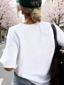 Camiseta informal de mujer de manga corta y cuello redondo de poliéster con estampado de planetas y lunas, ideal para uso diario. - Blanco - Ver 3