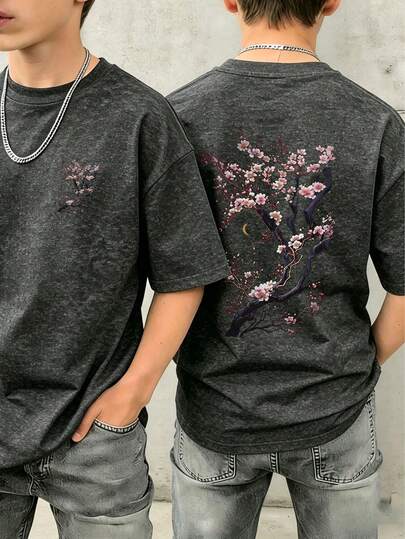 男童印花套头水洗短袖T恤，学生青少年服装，夏季上衣，专为男孩准备，随时玩耍