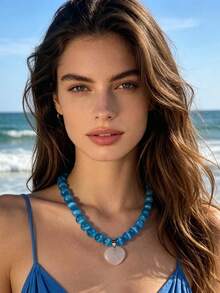 1 chiếc vòng cổ hạt tròn màu xanh nhạt lấy cảm hứng từ phong cách Bohemian Dopamine, quà tặng trang sức phù hợp cho phụ nữ đi nghỉ mát ở bãi biển. - 32648-nek-blue-EP - Xem 2