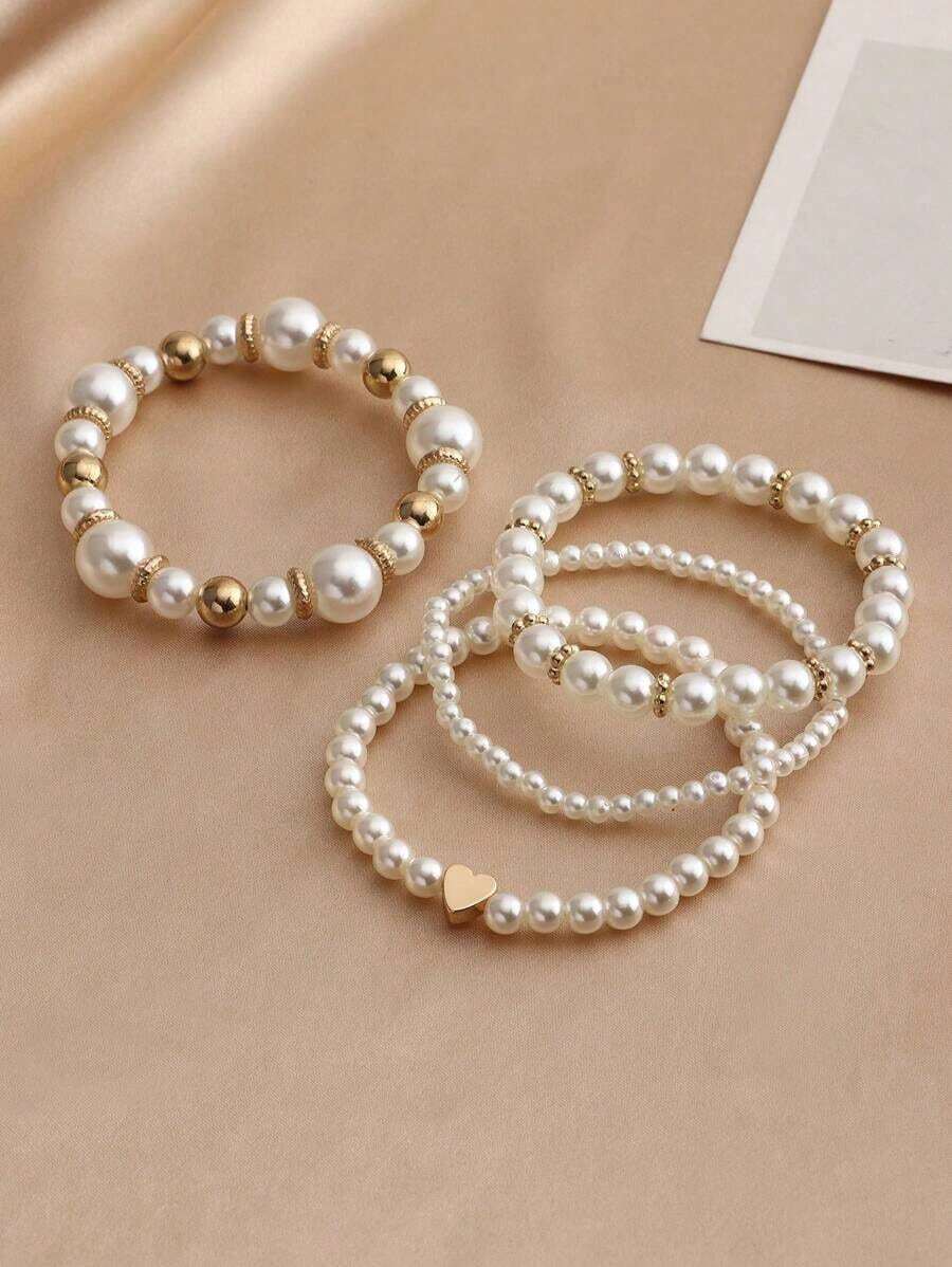 4pcs Girls' Pearl Beaded Heart Charm Bracelet Set - 白色 - 查看 1